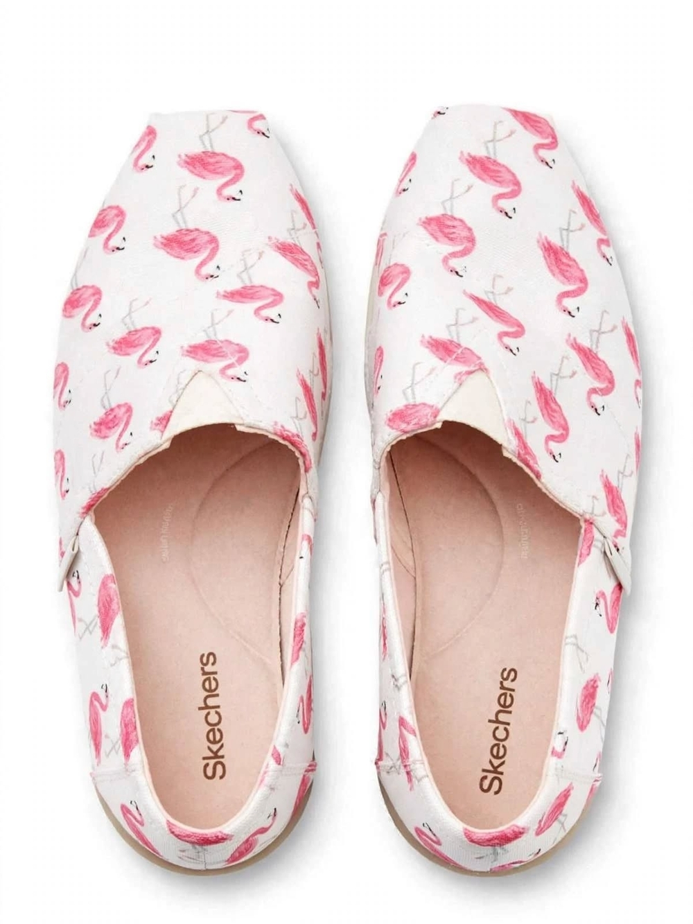 Skechers White Canvas Slip-On Flats with Pink Flamingo Print